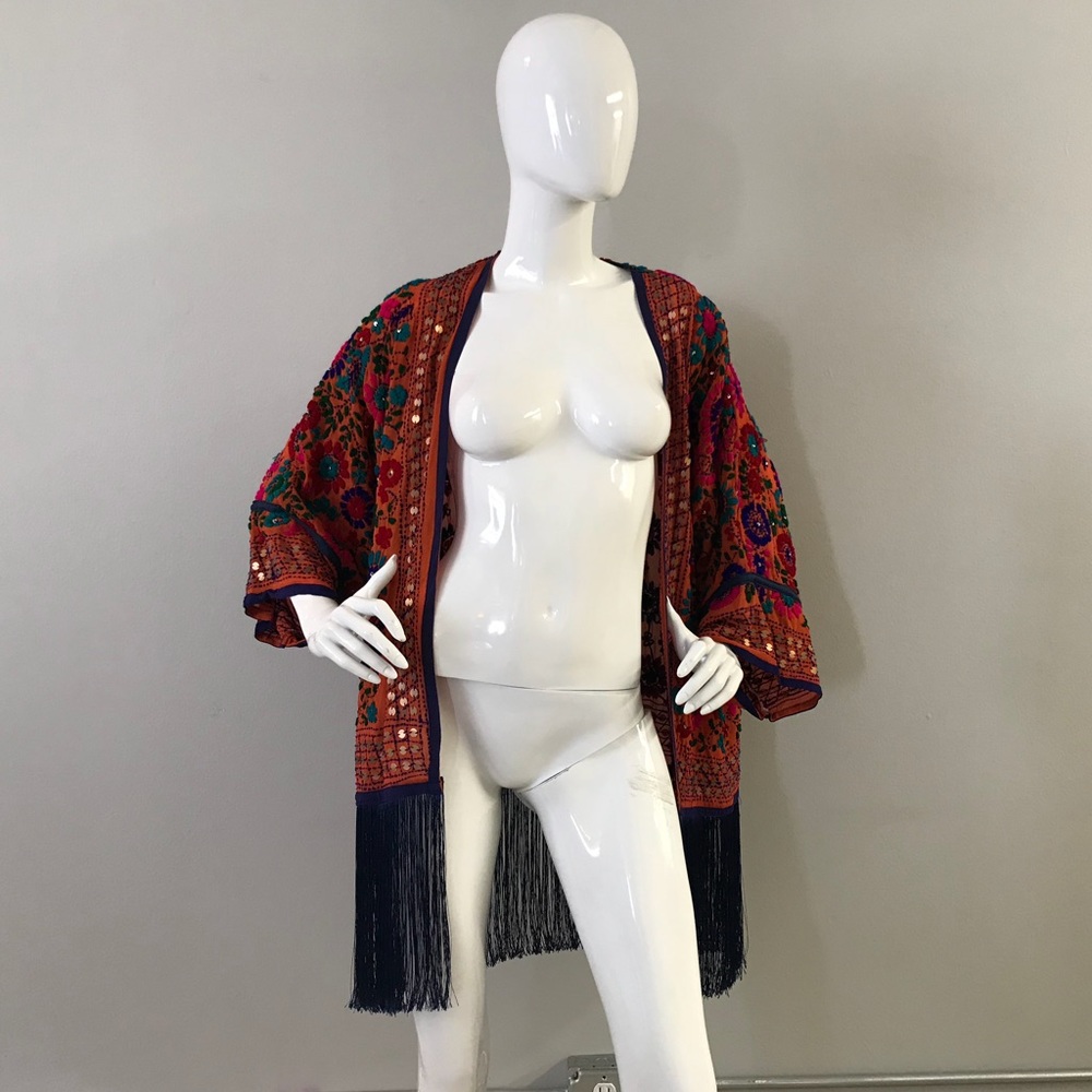 Beautiful Embroidered Fringe Orange Robe/Jacket - Picture 7 of 8